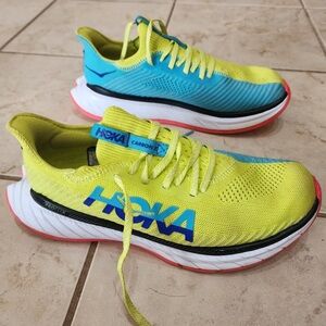 Hoka One One Carbon X Running Shoes Neon Yellow Blue Missing Insole Size 8.5 B